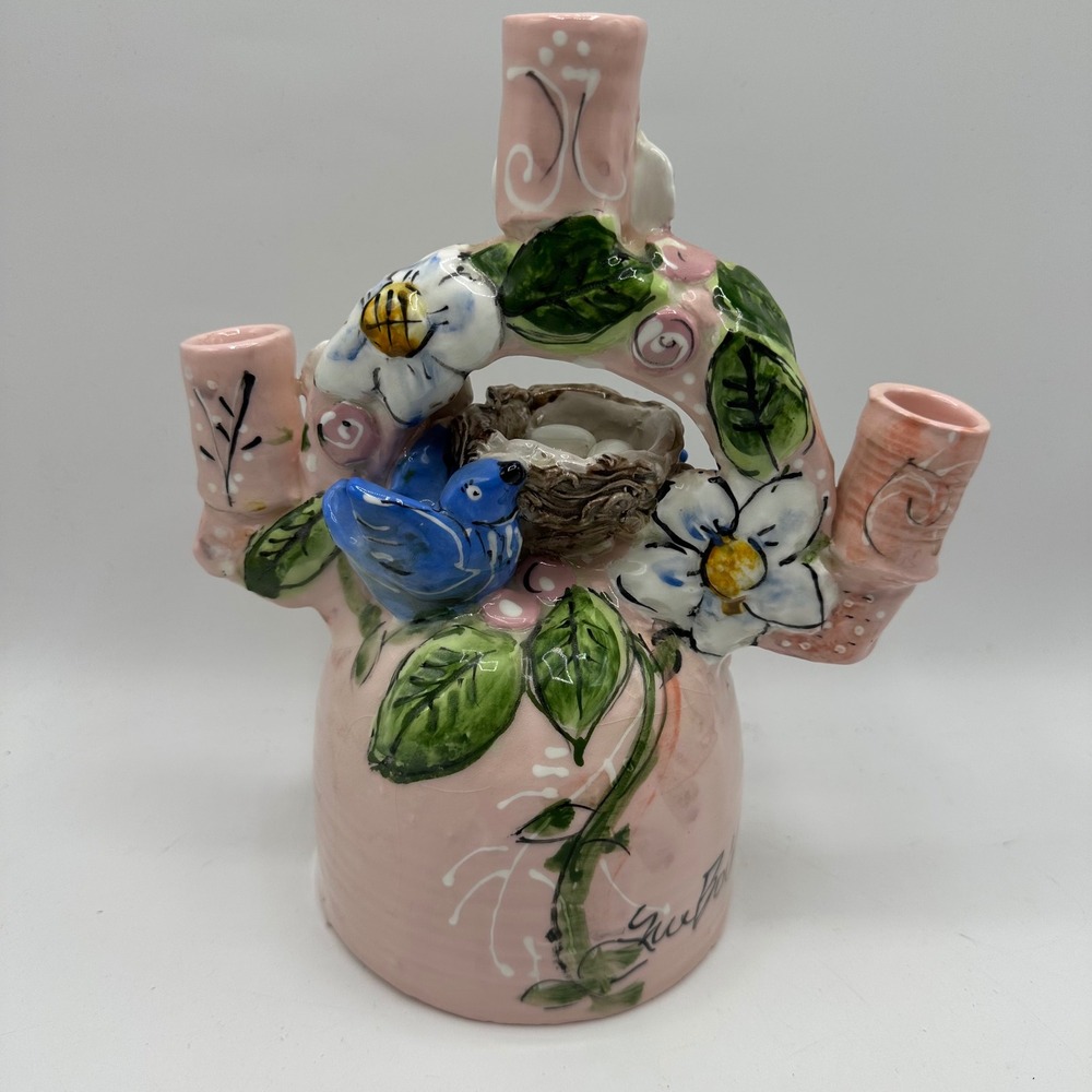 Sue Bolt Pottery Signed Candelabra Whimsical Hand Painted Bird Nest Pink Ceramic